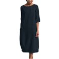 thumbnail image 2 of CHOK Robe en Coton et Lin pour Femmes Grande Taille Manches 3/4 Col Rond Coupe Ample Robe Midi Unie, 2 of 4