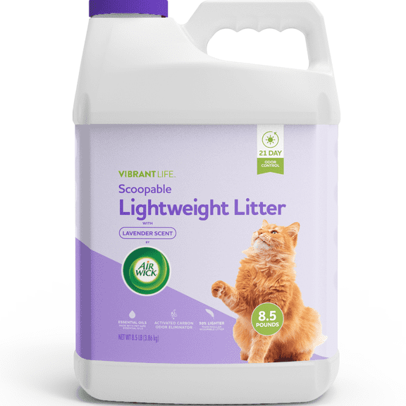 Vibrant Life Lightweight Air Wick Lavender Oil Scented Clumping Cat Litter with Activated Carbon 21 Days Odor Control, 8.5 lb Jug