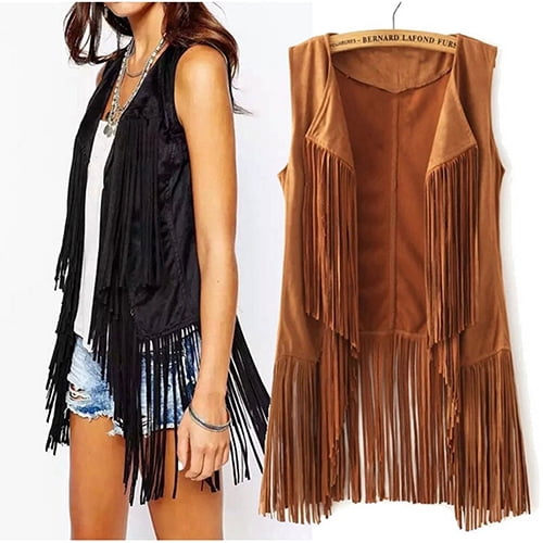 AYYUFE Women Autumn Fashion Suedette Sleeveless Tassel Fringed Jacket Vest Waistcoat