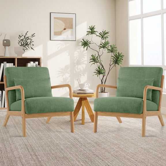 AUNEKIV Accent Chair Set of 2 with Pillow, Upholstered Thick Cushion Armchair with Solid Wood Frame for Living Room, Green