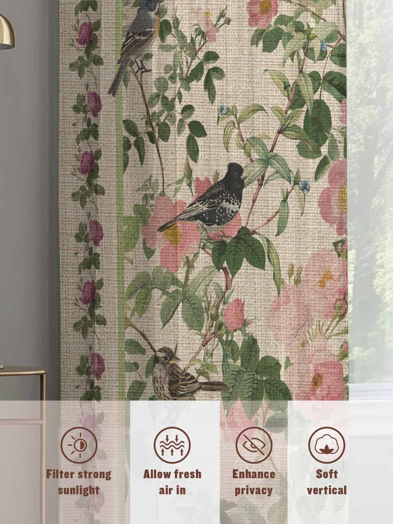 Spring Sheer Curtains 2 Panels Set Oriental Traditional Ethnic Floral Birds Retro Linen Sheer Window Curtains Light Filtering Rod Pocket Voile Drapes for Bedroom Living Room 52"X72"