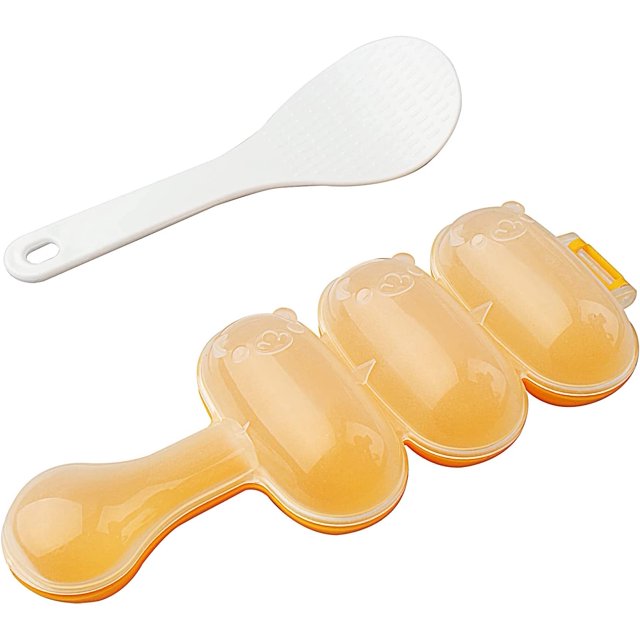 Molde para bolas de arroz DIY (naranja con 1 cuchara), agitador de bolas de arroz antiadherente con 3 compartimentos, kit para hacer rollos de sushi, herramienta de molde de cocina
