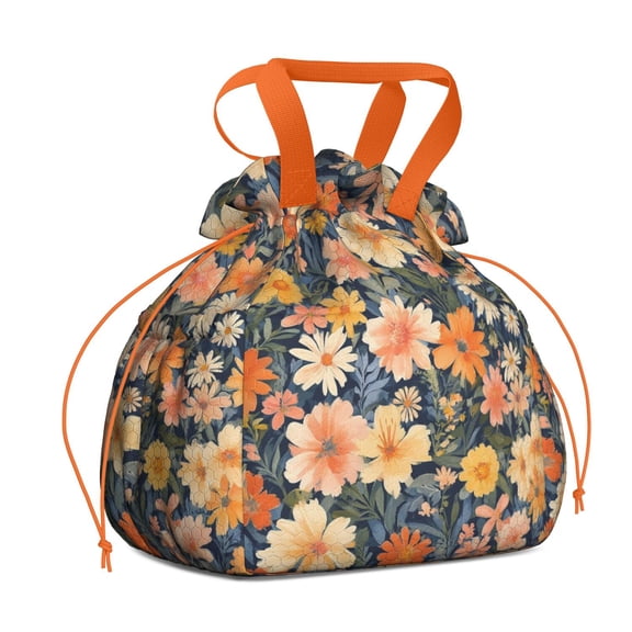 Pioneer Flower Drawstring Lunch Bag Women - Drawstring Lunch Bag Insulated for Work Office - Stain-Resistant Large Lunchbags for Women with Multi-Pockets