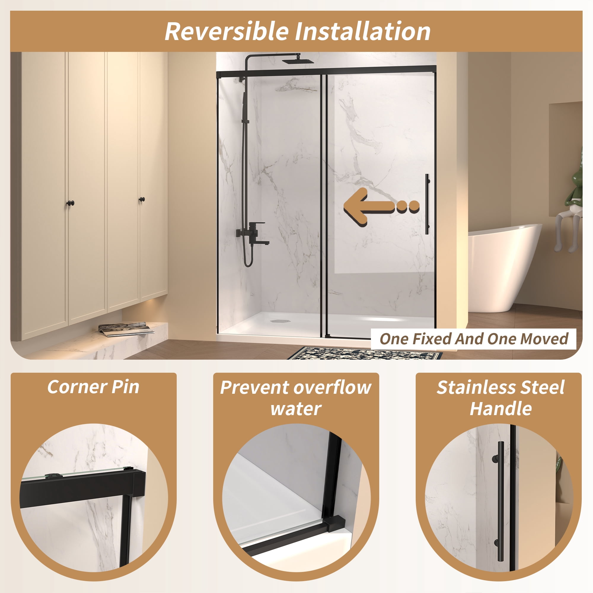 Leumius Single Sliding Shower Door,44"-48" W × 72" H Frameless Glass Shower Door with 1/4" Clear Tempered Glass & Stainless Steel Handle,Matte Black