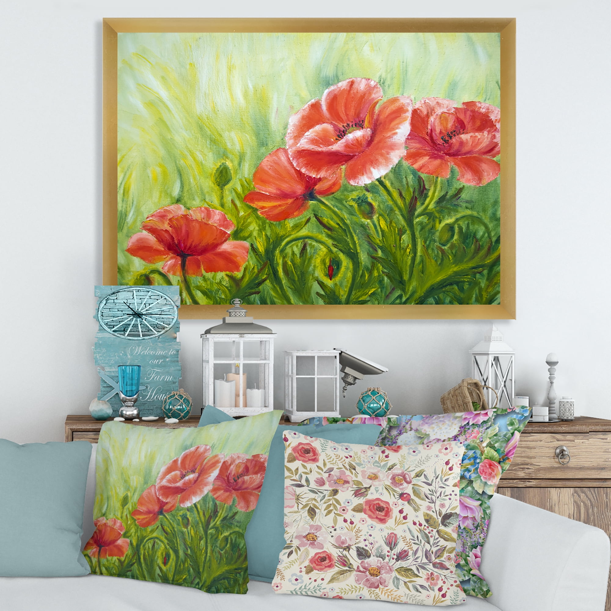 Designart 'Red Blossoming Poppies Over Wild Green III' Traditional Framed Art Print