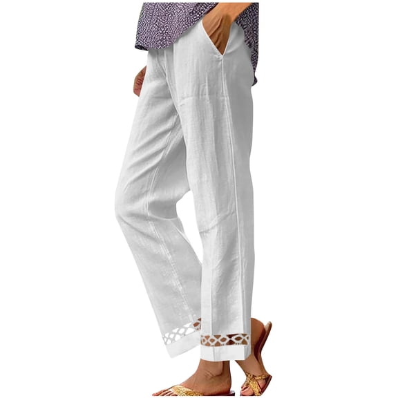 Women's Cotton Linen Pants Summer Boho Straight Wide Leg Elastic Waist Casual Beach Vacation Pants with Pockets