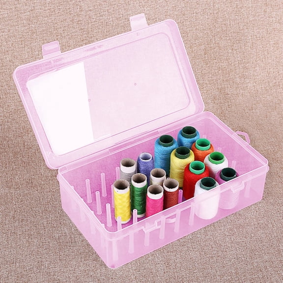 Rirozkan Thread Organizer Box, Transparent Plastic Sewing Storage Case for 42 Spools, Multi Compartment Holder for Needles and Notions, for Craft Room Desk, Pink
