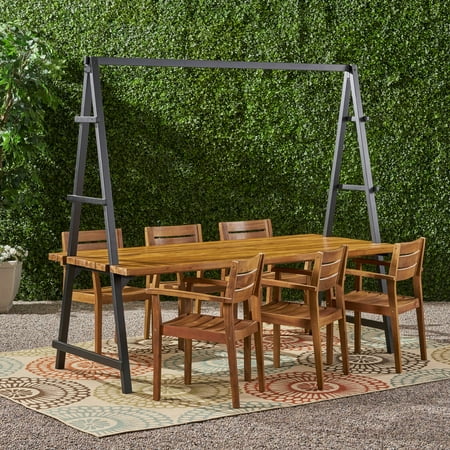 Major Outdoor Modern 6 Seater Acacia Wood and Iron Planter Dining Set, Teak and Black