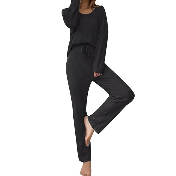 Gibobby Conjunto de sudadera para mujer Conjunto de pijama de pantalón largo con cinturón y top de punto para el de color liso para mujer(Negro,XL)