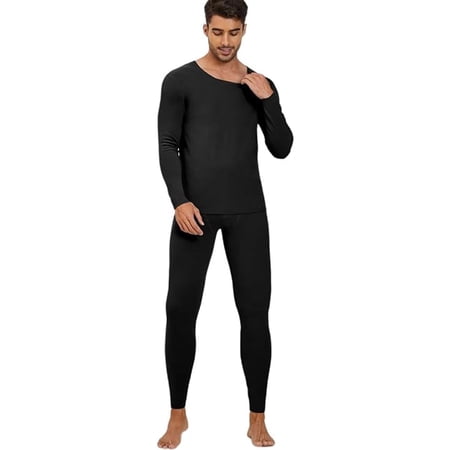 Black Thermal Underwear for Men Fleece Lined Long Johns Base Layer Set Top Bottom for Cold Weather - XL