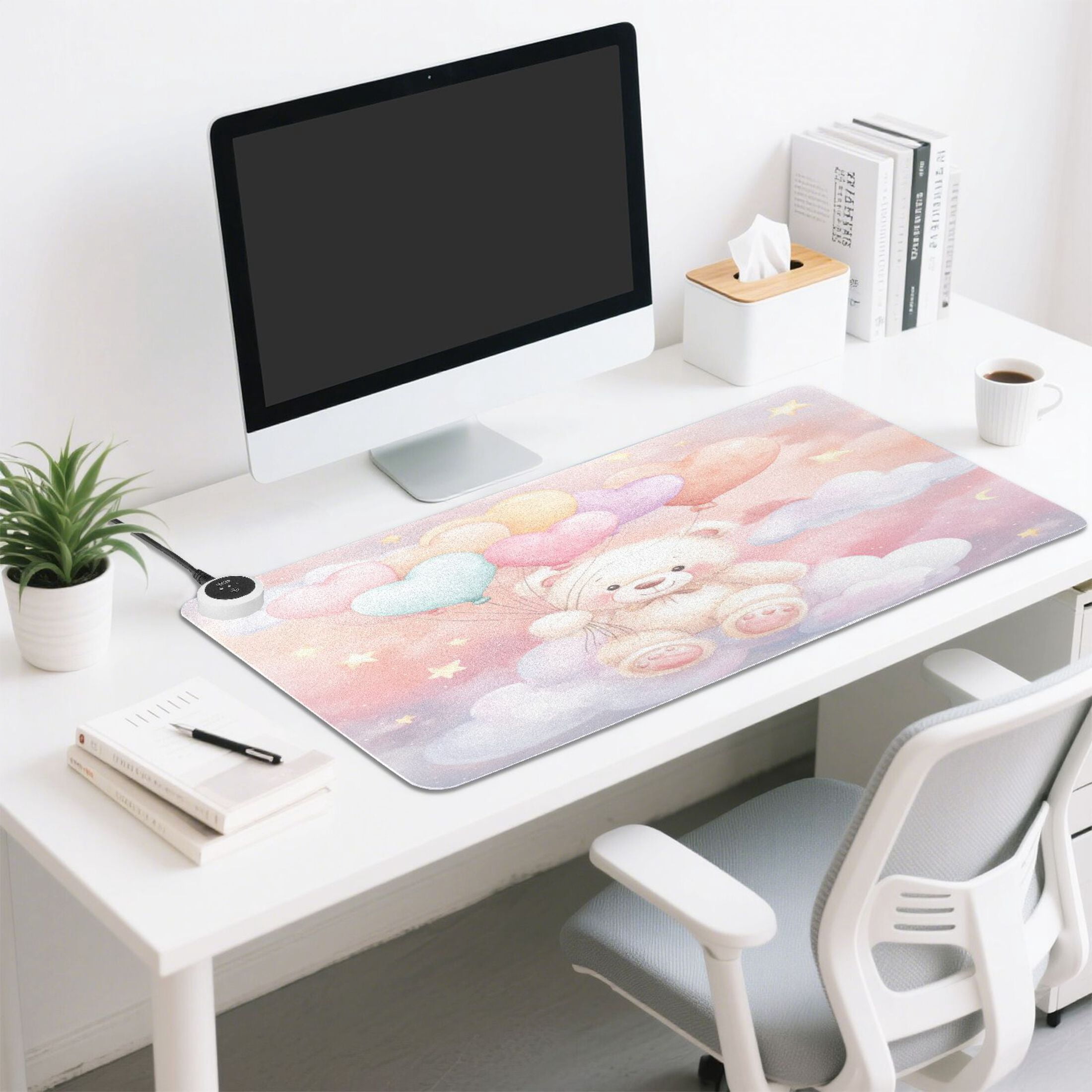 Large Heated Desk Mat Mouse Pad 31.5"x13"PU Leather Graphene Heating Desk Warmer with 3 Temperature Settings 110V US Plug Non-Slip Warm Pad for Home, Office, and Gaming Heart Balloon Teddy Art