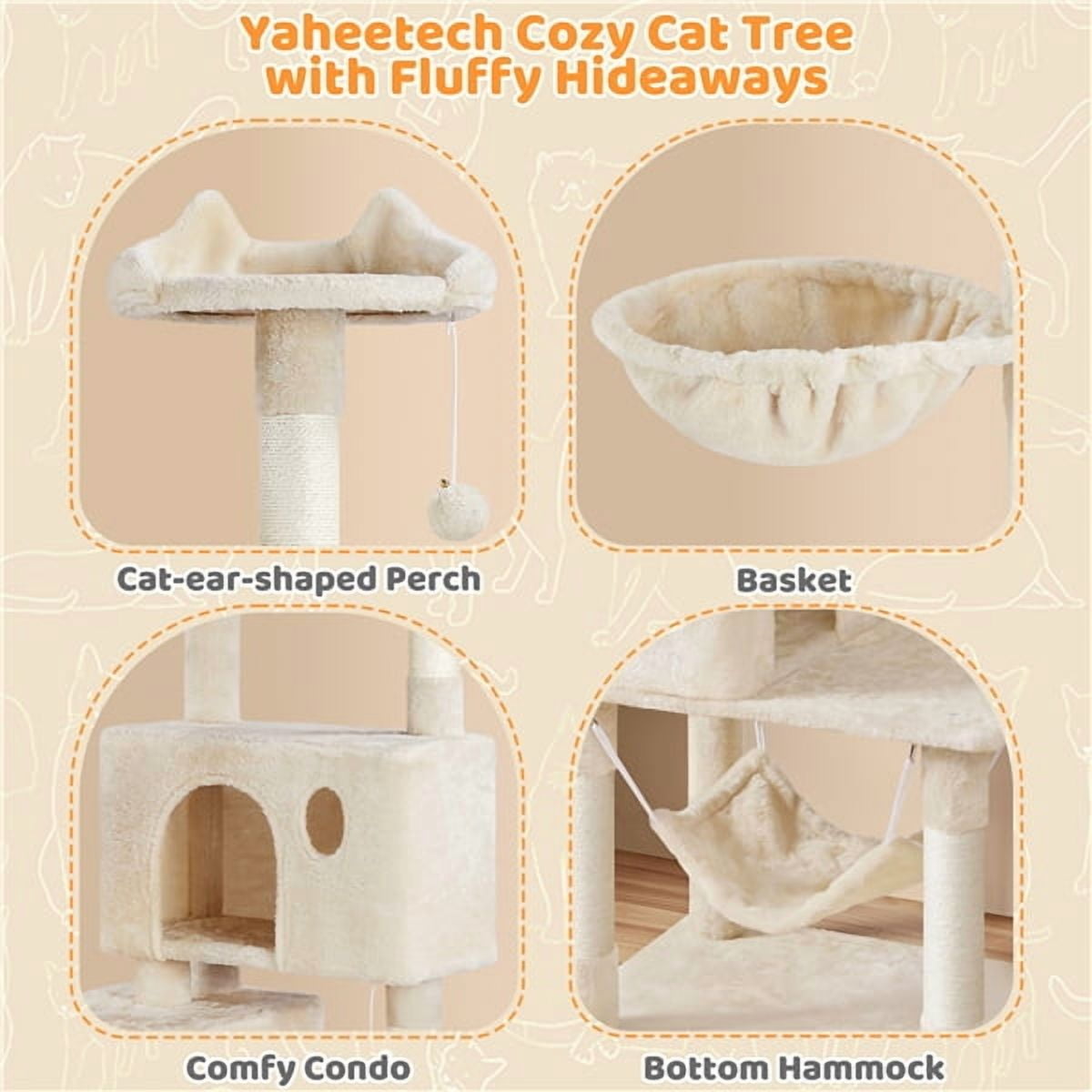 Yaheetech 64.5in Multi-level Large Cat Tree Condo Tower with Hammock Scratching Posts & Hammock, Beige