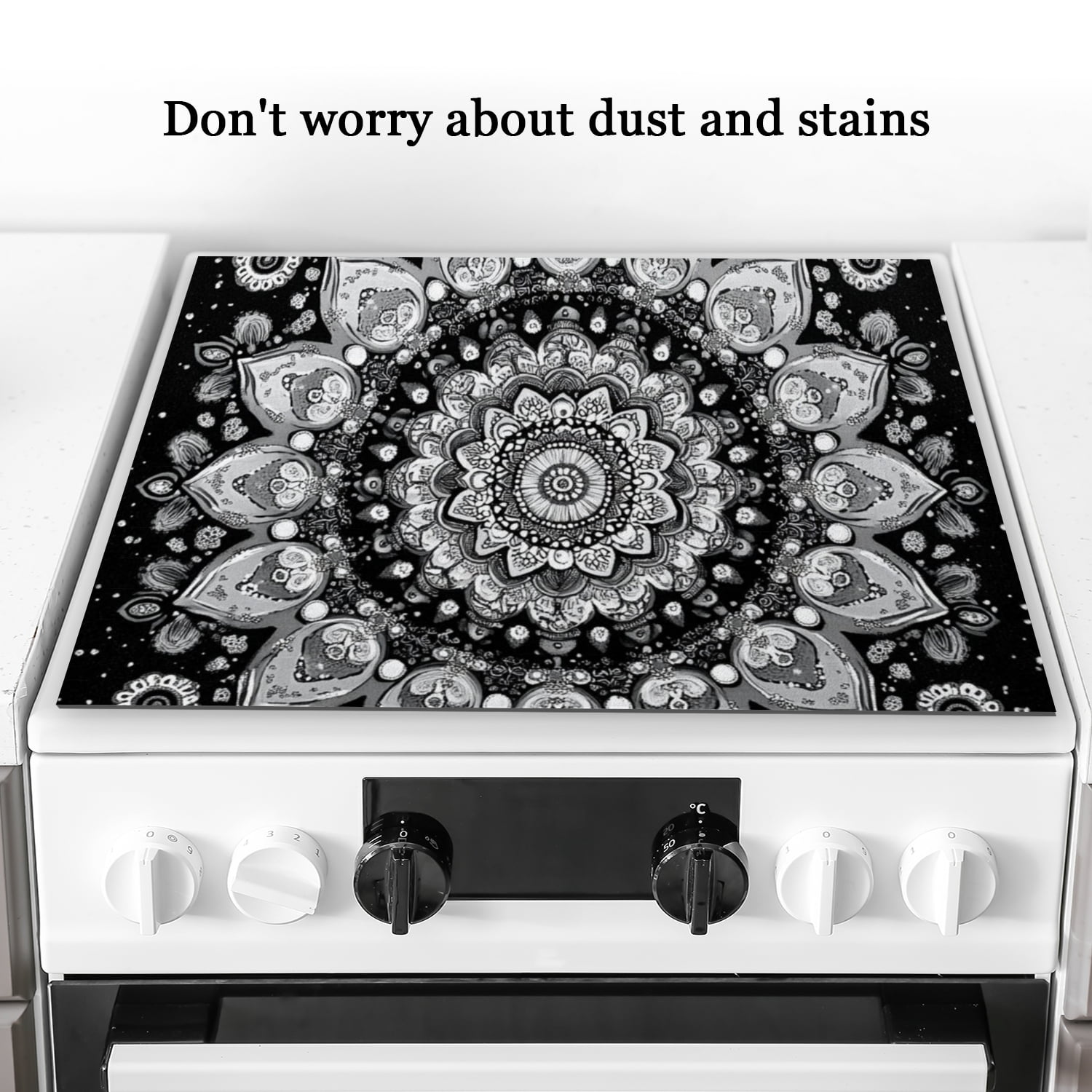 Electric Stove Top Cover Protector, Monochrome Mandala With Ornate Floral Print Heat Resistant Glasstop Protector Stove Mat, Square Stovetop Pad for Kitchen RV (28×20 Inch)