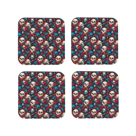 

Tideii Skull red flower blue for Leather Coasters 4 Pieces Anti-fouling and Anti-scalding Decorative Coasters Suitable for Restaurants Kitchens Coffee Shops-Square