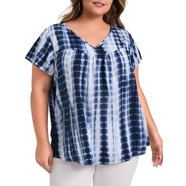 GRACE & GRANDEUR Blusas de Talla Grande para Mujeres con Mangas Cortas con Volantes, Camisetas Tie Dye, Blusas con Cuello en V y Pliegues 1X Azul Oscuro