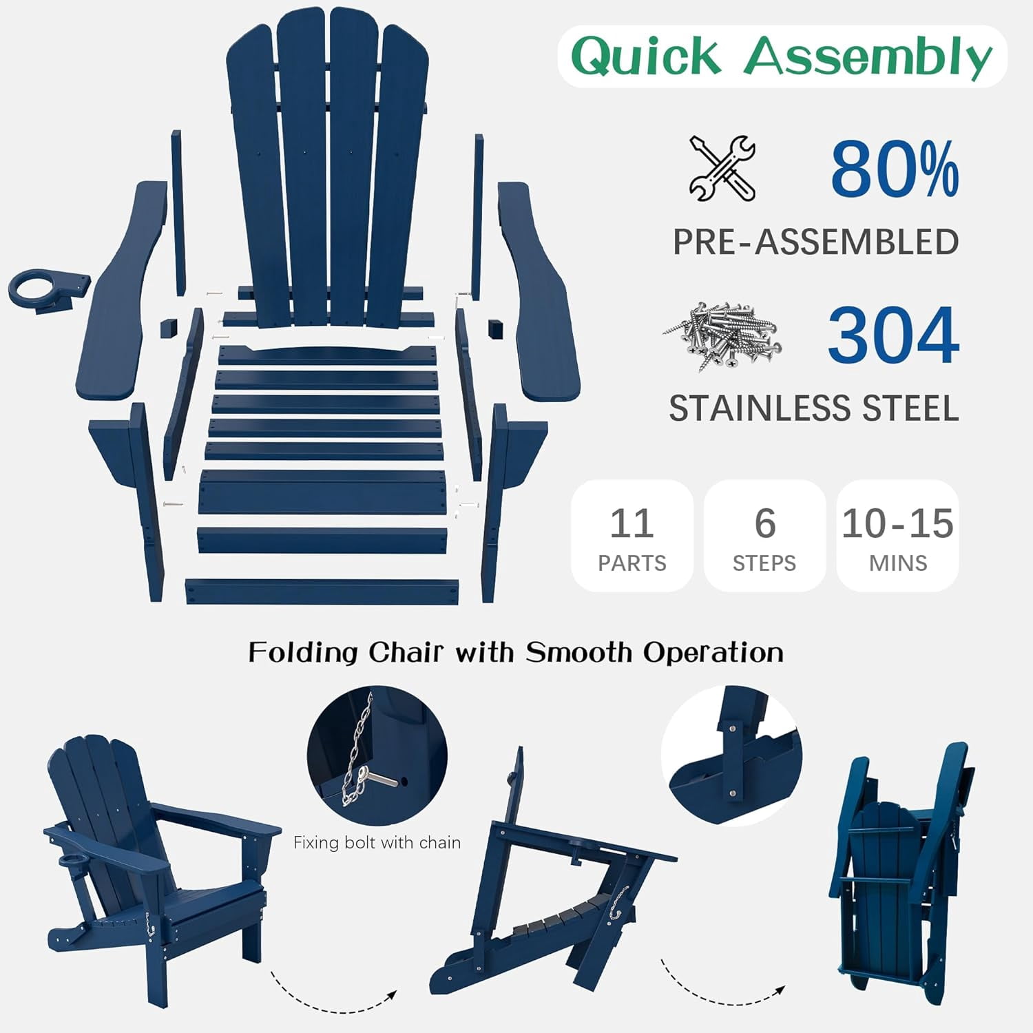 Domi Outdoor Living Folding Adirondack Chair Set of 8, All-Weather HDPE Patio Chair with Cup Holder, Weather-Resistant Fire Pit Seating for Backyard, Deck, Garden & Poolside, Blue