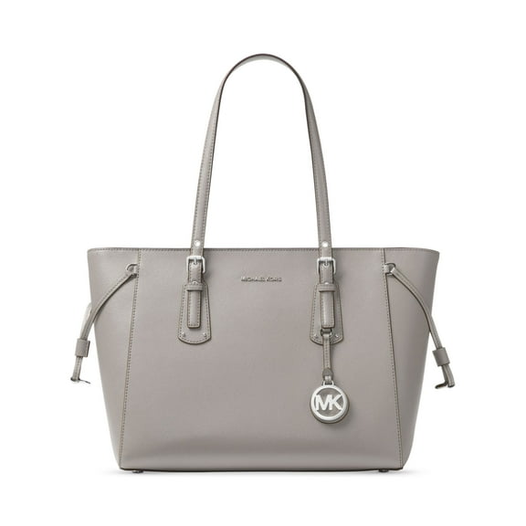 MICHAEL KORS Women's Gray Voyager Feet Solid Leather Logo-Jacquard Lining Metallic Logo Double Flat Strap Tote Handbag Purse