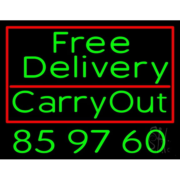 We Deliver Carry Out LED Neon Sign 15 x 19 - inches, Clear Edge Cut Acrylic Backing, with Dimmer - Bright and Premium built indoor LED Neon Sign for restaurant window and interior decor.