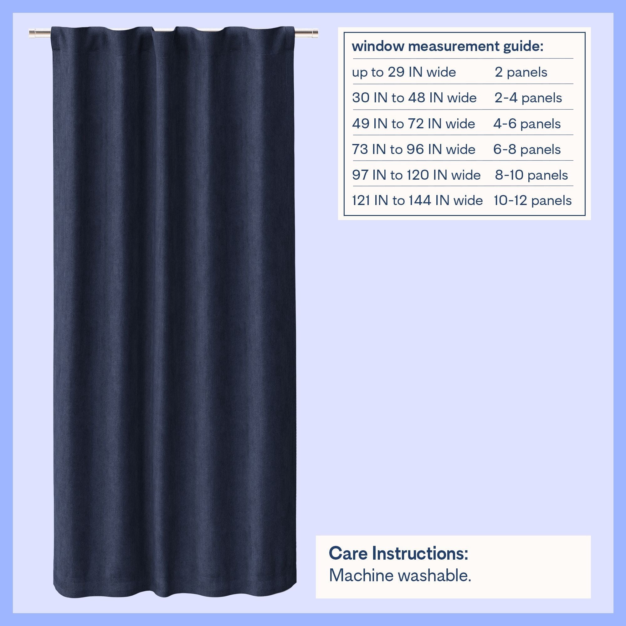 Mainstays Kids Dark Navy Solid Ribbed Corduroy Blackout Rod Pocket with Back Tabs Single Curtain Panel, Set of 1, 38" W x 63" L