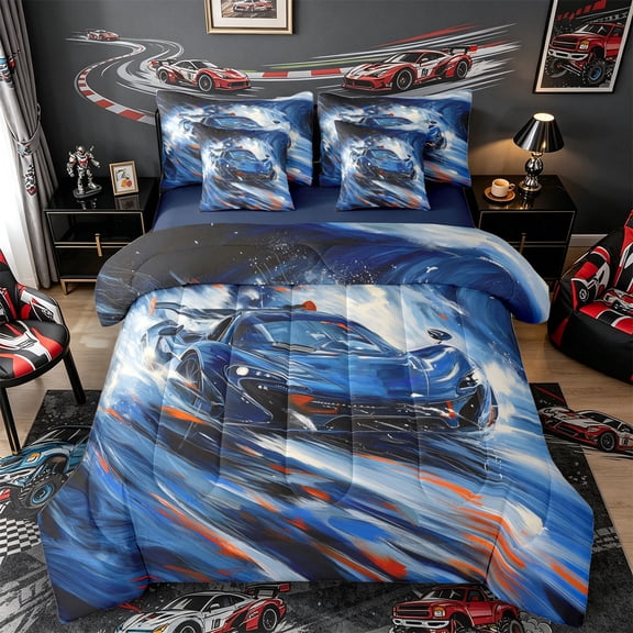 Castle Fairy Ocean Wave Car Twin Bedding Sets 7-Piece for Teens, Blue Splash Bedding Comforter Set for Kids Room, Navy and Orange,Navy Blue Reversible