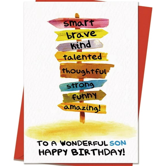 Happy Birthday Card for Son – Colorful Inspirational Sign Design – Blank Inside for Personal Messages – Perfect Gift for Celebrating Your Wonderful Son’s Birthday
