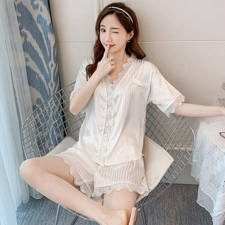 

PIKADINGNIS New Stain Lace Woman Pajamas Set 2Pieces Spring Summer Short Sexy Sleepwear Elegant Solid Color V-neck Ice Silk Homewear Set