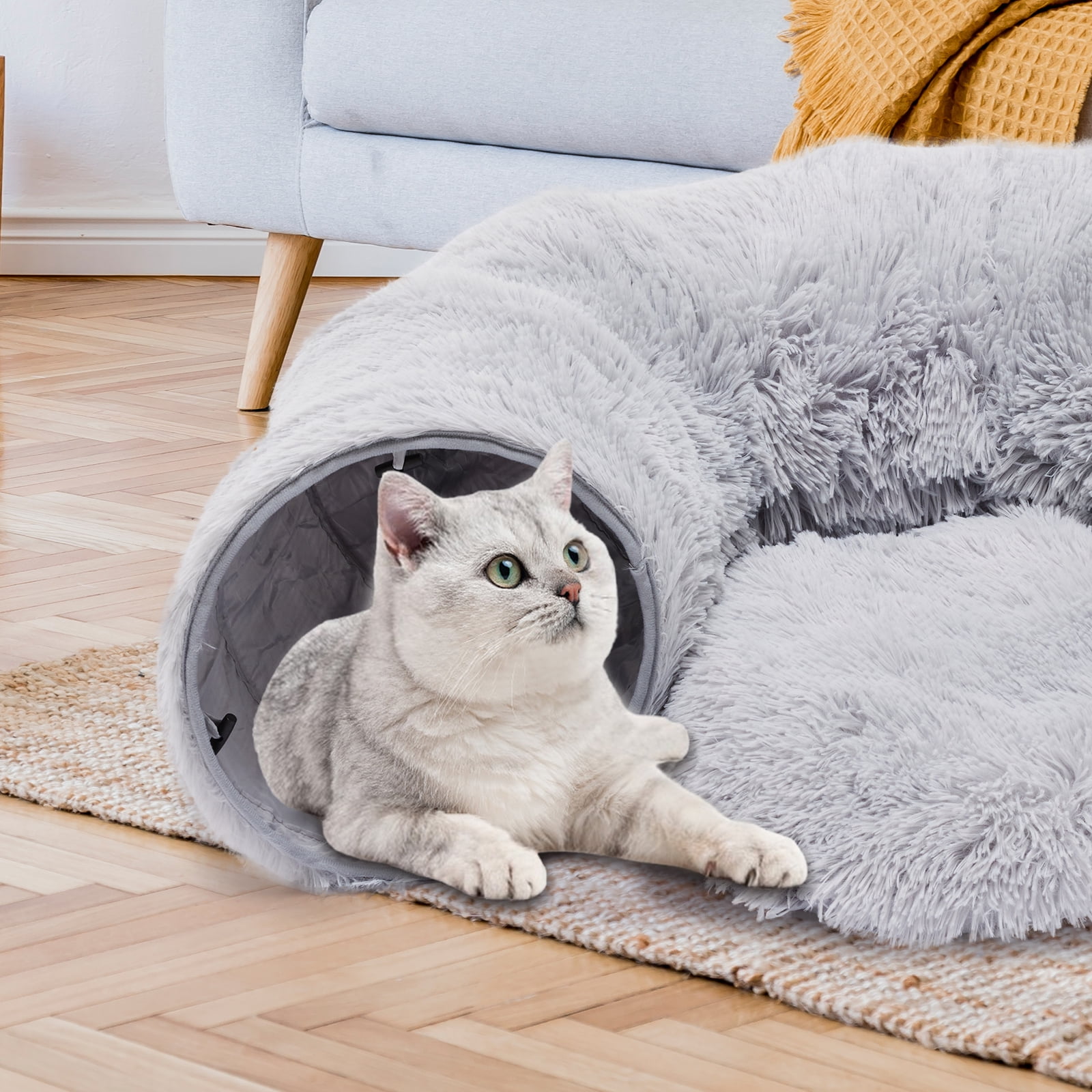 LIFERECORD Cat Tunnel with Cat Bed for Indoor Cats, Under Christmas Tree Soft Plush Peekaboo Cat Cave Donut Tunnel, Multifunctional Playground Toys Hideplace for Kittens, Rabbit - Grey