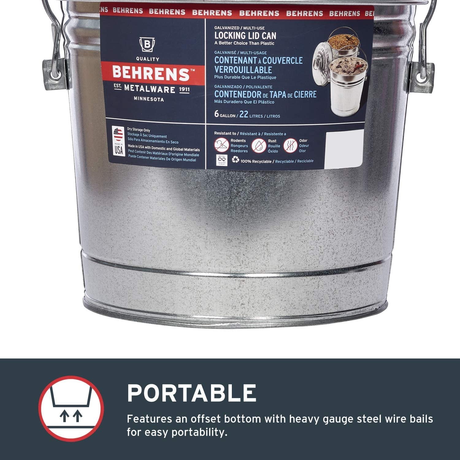Behrens 6 Gallon Trash Can Galvanized Steel in Silver — Heritage American-Made Outdoor & Workshop Container