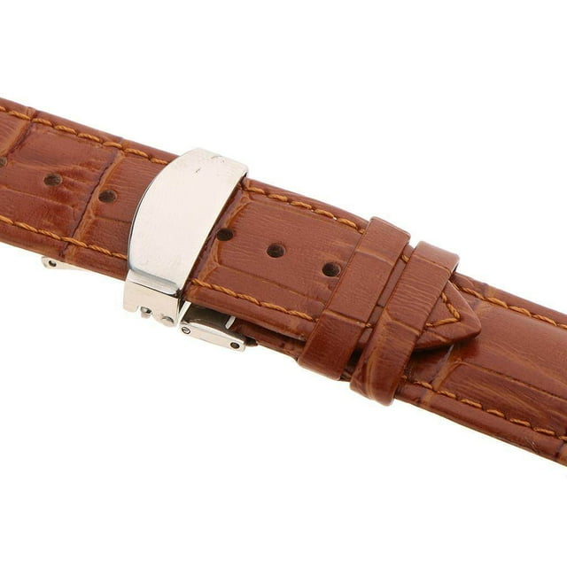Leather Watch Band Butterfly Deployment Clasp Watch Strap Buckle Brown 22mm
