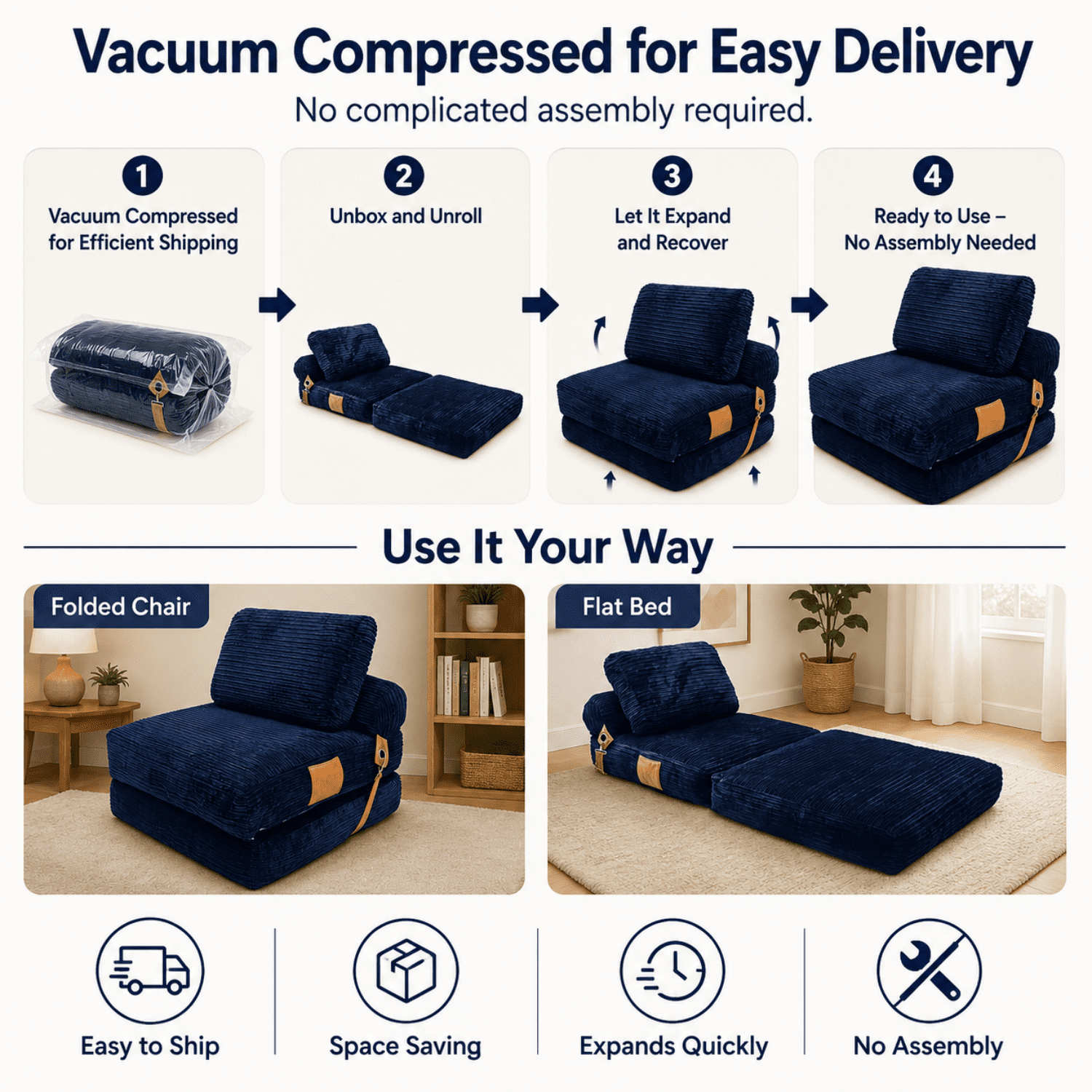 Miniyam Folding Floor Chair Bed, 3-in-1 Convertible Floor Sofa Bed with Flannelette Upholstery and Side Pockets, Blue
