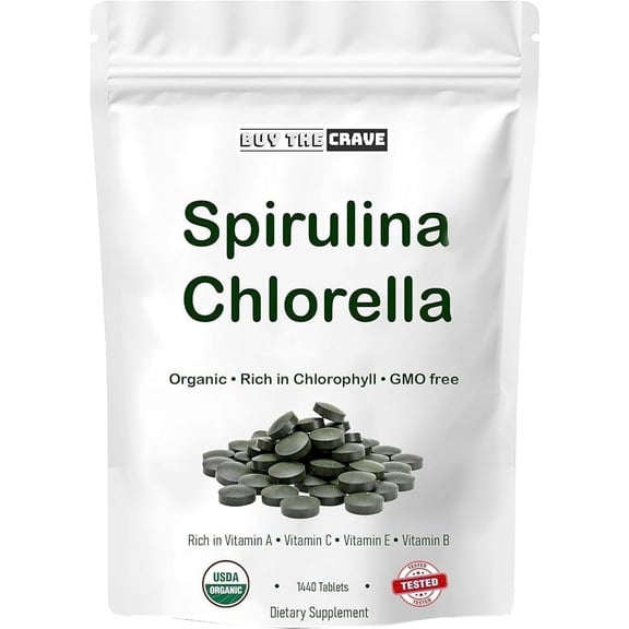 Chlorella Spirulina Tablets Organic 3000mg Per Serving 50/50 Blend High Protein & Chlorophyll 1440 Tablets
