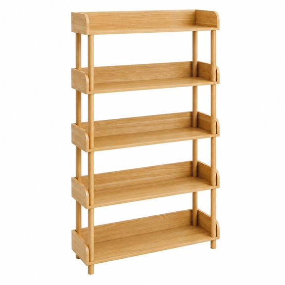 5-Tier Bookshelf with Open Storage and Wood Legs for Books and Decorative Display in a Living Room or Office, Wood