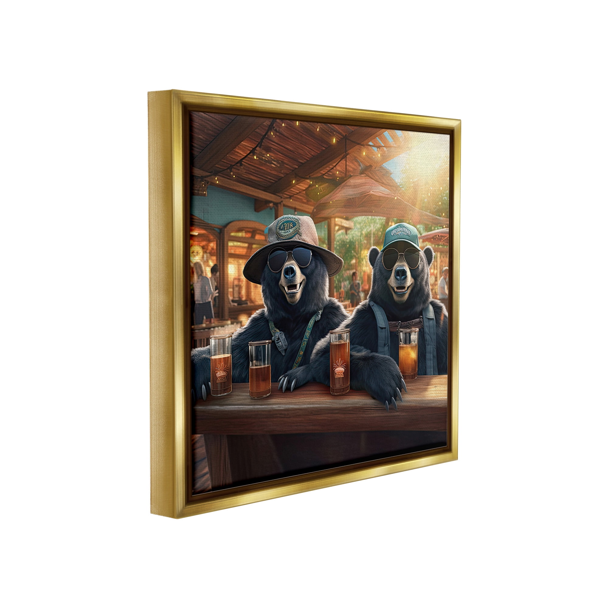 Stupell Industries Drinking Bears at Bar Animals & Insects Painting Gold Floater Framed Canvas Art Print Wall Art, 25 x 25
