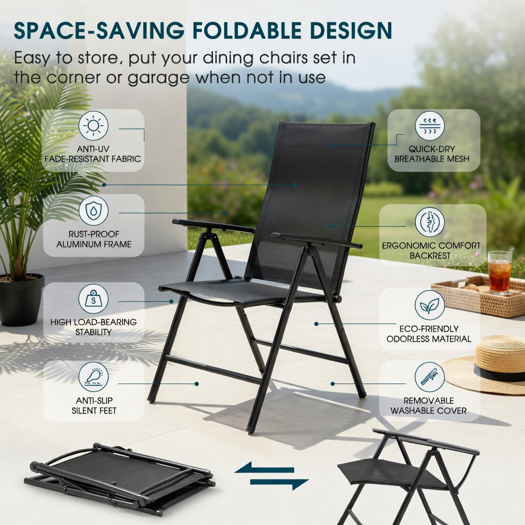 Hommoo 2-Pack Adjustable Outdoor Folding Dining Chairs, Heavy-Duty Steel Frame, Breathable Fabric, Portable Patio Recliners for Deck, Poolside & Garden, Black