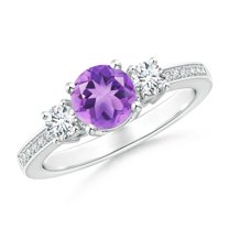 ANGARA Natural Classic Three Stone Amethyst and Diamond Ring in 14K White Gold for Women (Size-6mm) | February Birthstone, Birthday, Anniversary, Jewelry Gift for Women | Natural Amethyst Ring