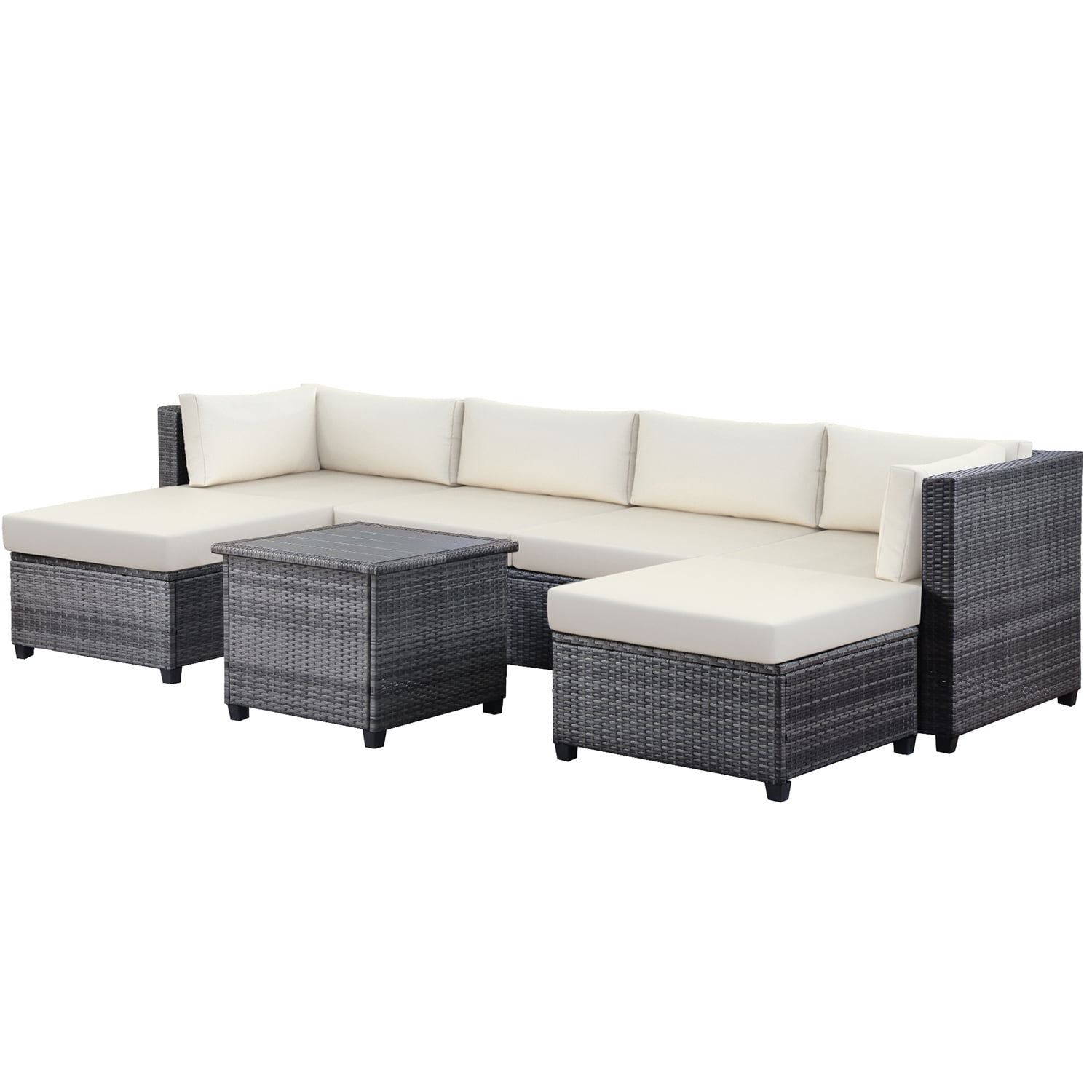 Kadyn 7 Piece Rattan Sectional Seating Group, Outdoor Conversation Sofa Set, Outdoor Ratten Sofa NEW with Cushions and Table, Beige