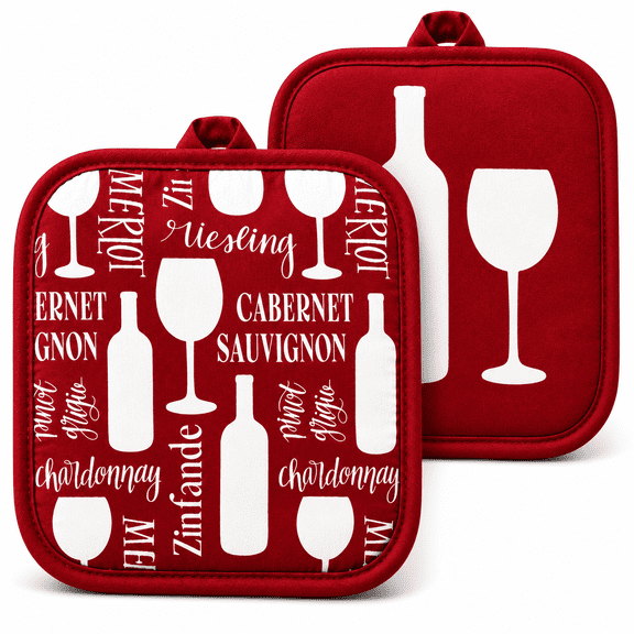 Wine Potholders Set of 2 Cotton Heat Resistant Hot Pads 7x7 Inch Red Kitchen Decor Quilted Hanging Loop