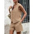 thumbnail image 5 of Women'S Summer 2 Piece Outfits Sleeveless Matching Sets Button Down V Neck Vest Waistcoat and Pockets Shorts Khaki L, 5 of 8