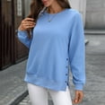 thumbnail image 6 of Women's Side Slit Button Detail Round Neck Sweatshirt, Autumn Winter Solid Color Casual Long Sleeve Pullover Top with Soft Cotton Polyester Blend for Comfortable Relaxed Fit and Street Fashion Blue S, 6 of 8