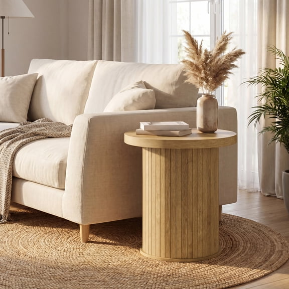 LEDREM Tambour Round Side Table, Nightstand, Bedside Table for Small Spaces, Easy Assembly, for Living Room, Bedroom, Brown