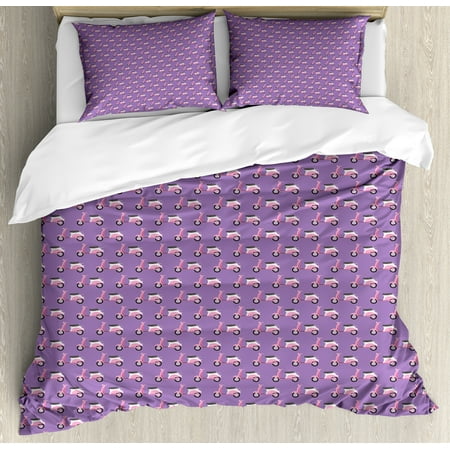3 Piece Scooter - Motorcycle Queen Size Duvet Cover Set, Vintage Deep Deck Girlie Scooters Lined Up on a Purple Background, Decorative 3 Piece Bedding Set with 2 Pillow Shams, Blush Dark Taupe Lavender, by Ambesonne