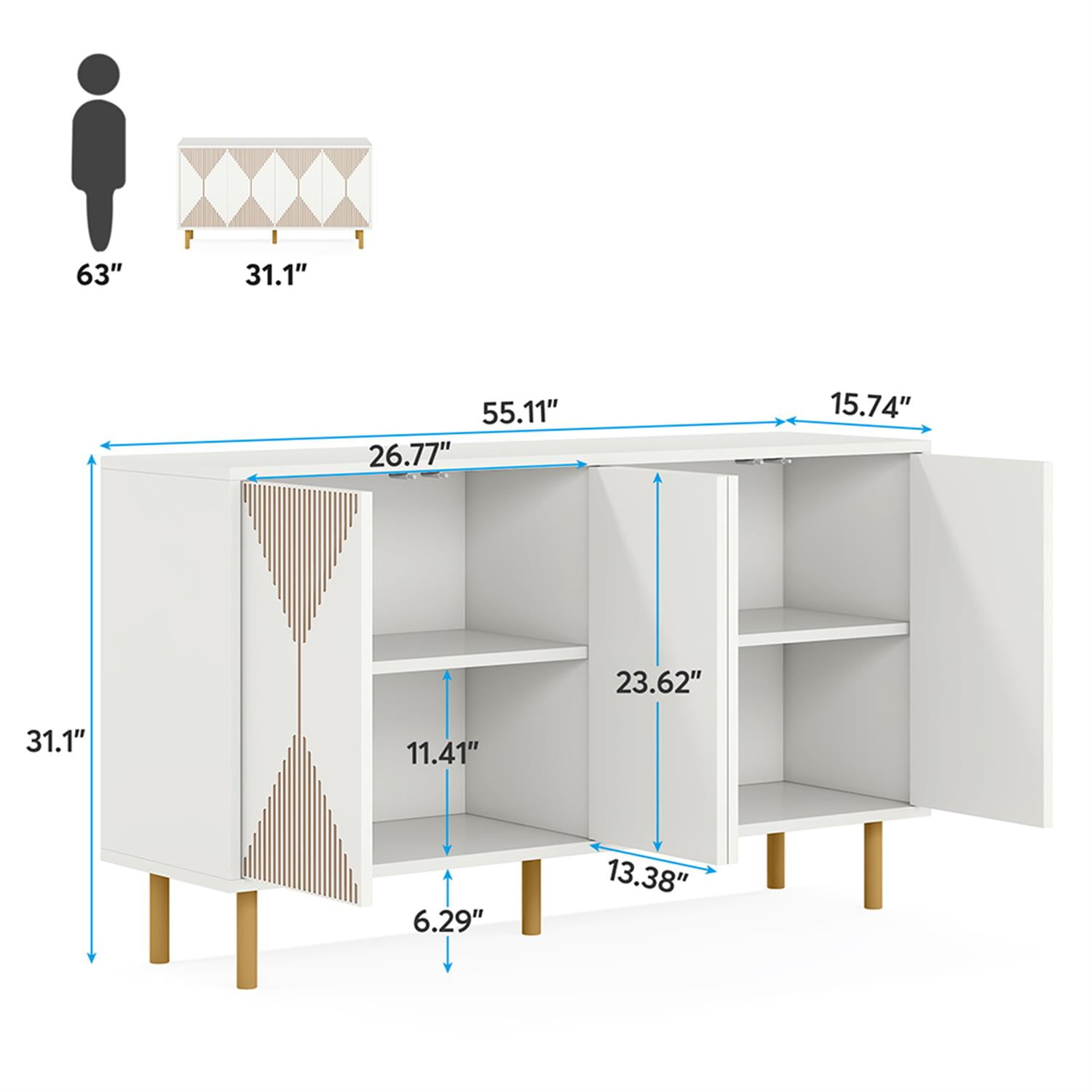 Demi Bonn 59" Sideboard Buffet Storage Cabinet, Modern Credenza Accent Cabinet with Doors, Console Coffee Bar for Kitchen Entryway Living Dining Room, White