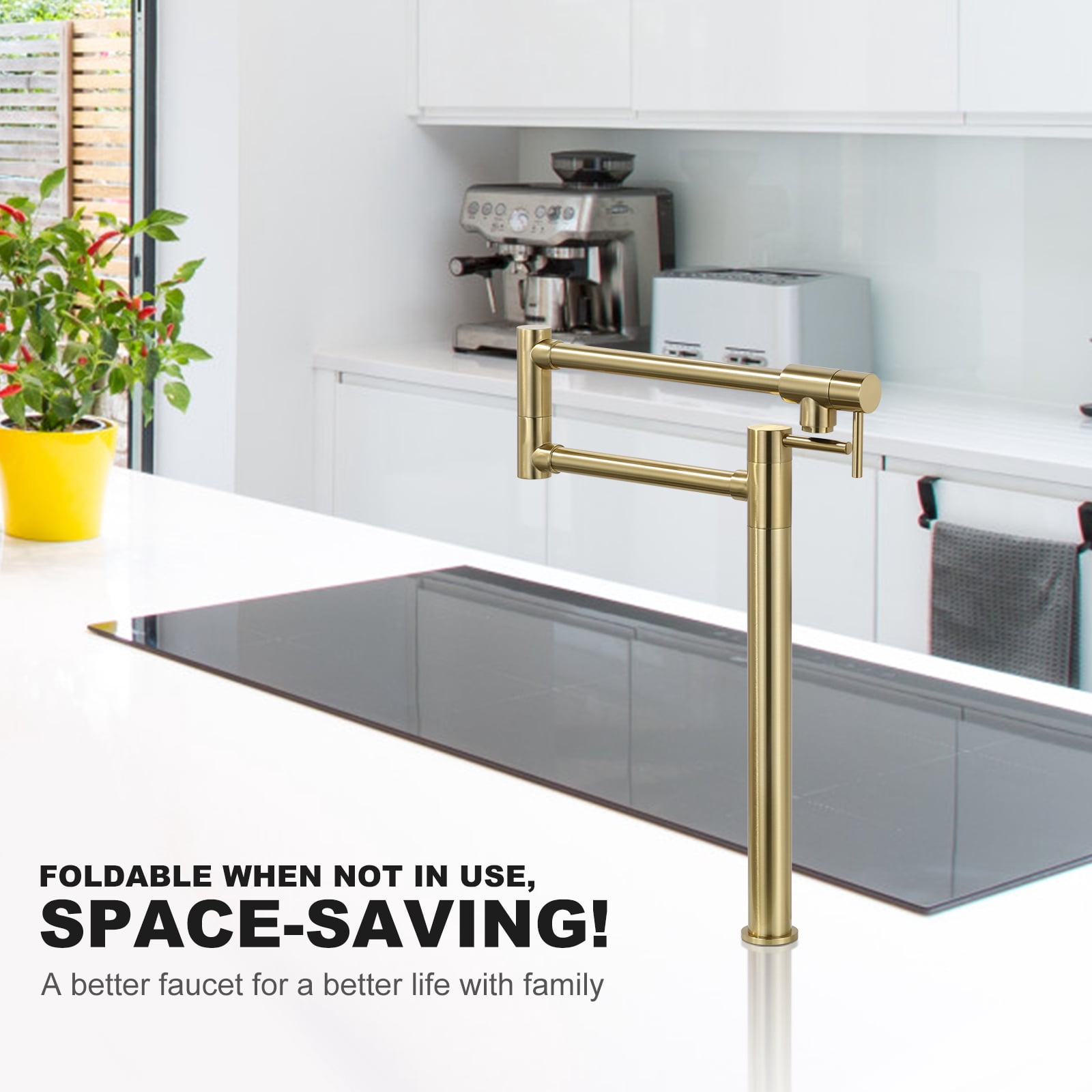 Wowow Deck Mount Stove Pot Fillers Faucet, Solid Brass Folding Kitchen Faucet, Brushed Gold with Stretchable Double Joint Swing Arm