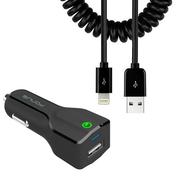 Car Charger 24W Fast for iPhone SE (2020)/SE (2022) - 2-Port USB Coiled Cable Quick Charge DC Socket Power Adapter