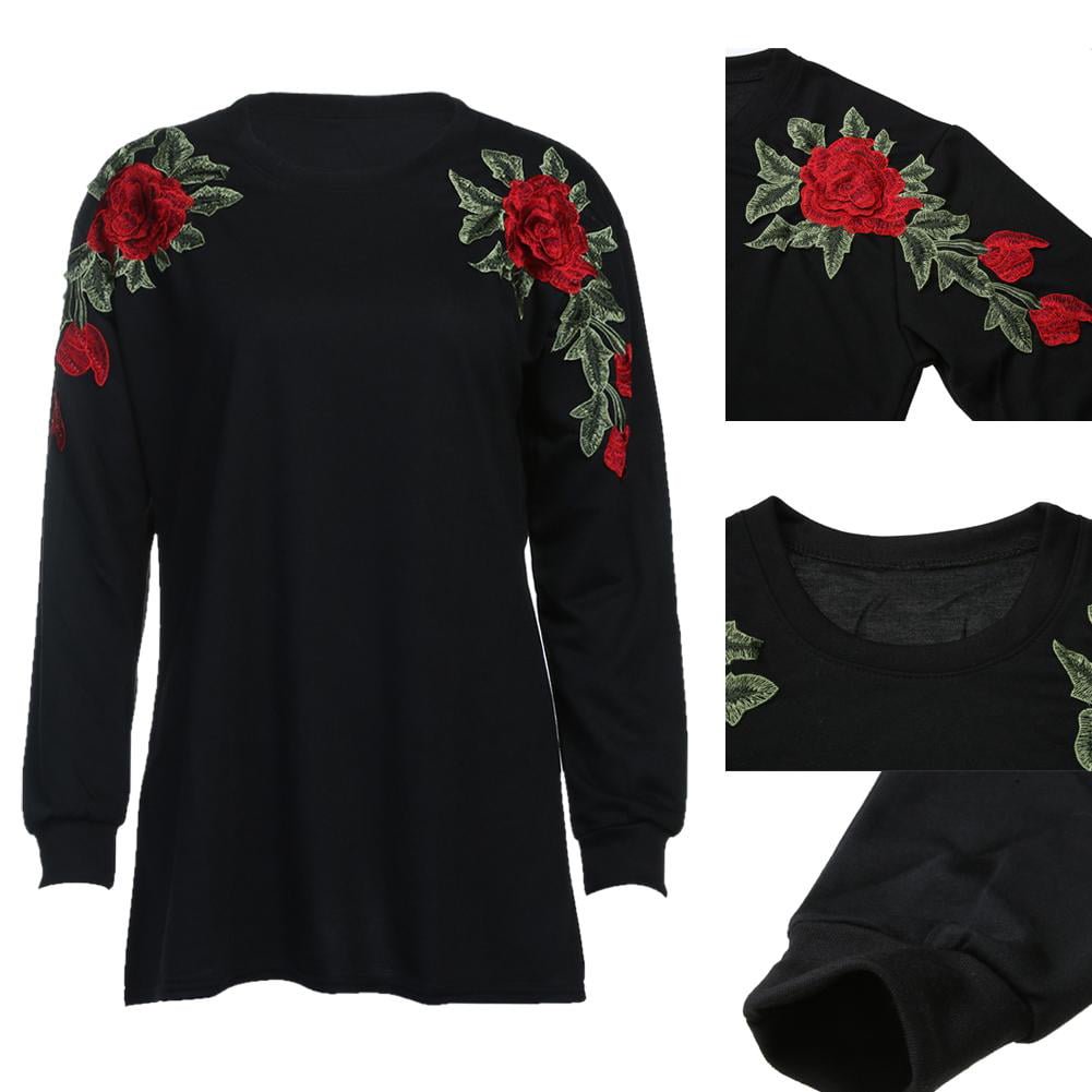 Womens Long Sleeve Floral Embroidered Hooded Round Neck Sweatshirt Blouse Tops 