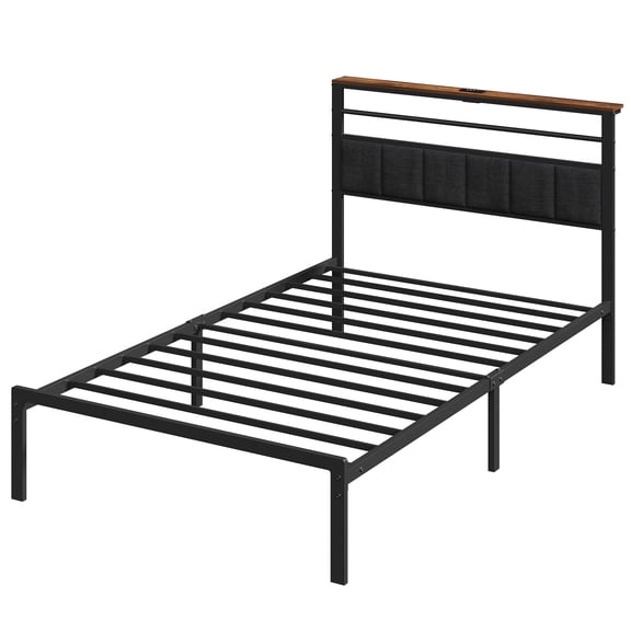 Twin Size Bed Frame with Charging Station, Platform Bed with Metal Slats, Upholstered Headboard with Storage Shelves, No Box Spring Needed, Black