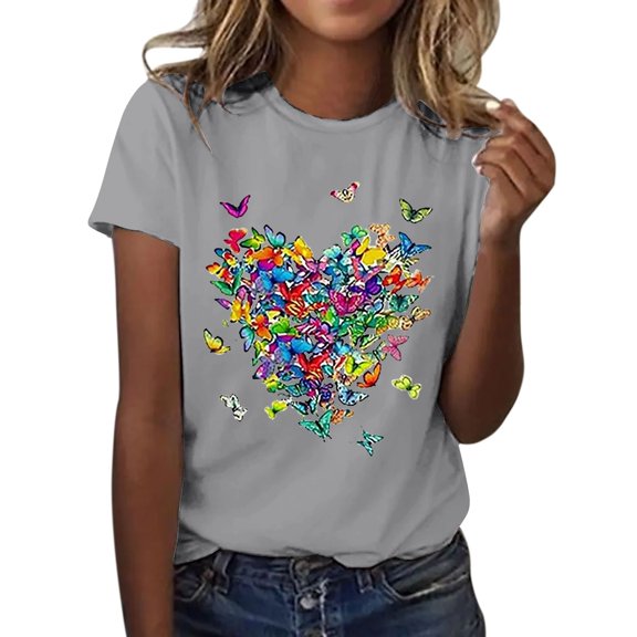 Womens Tops Love Butterfly Printed Lightweight Soft Crew Neck Casual Fashion T Shirts for Women