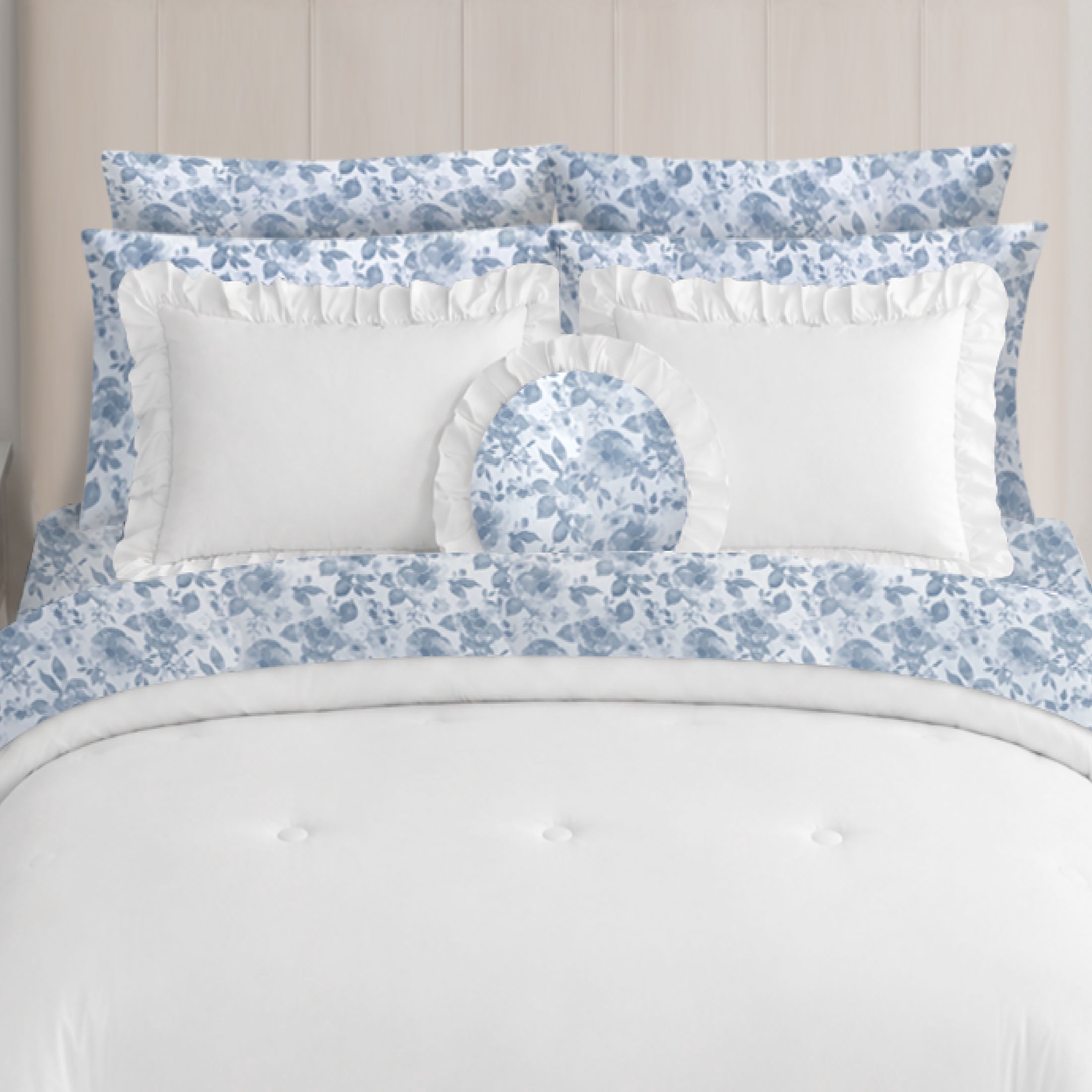 Mainstays All in One Reversible Comforter and Sheet Set- 11 Piece, Full, White and Blue Ruffle