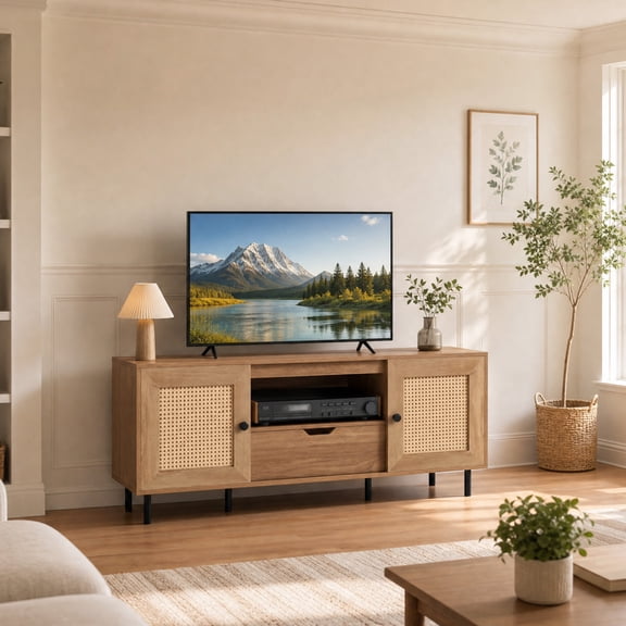 Rattan TV Stand for 60" with Cabinets & Drawer, Entertainment Center Media Console Table,Natural