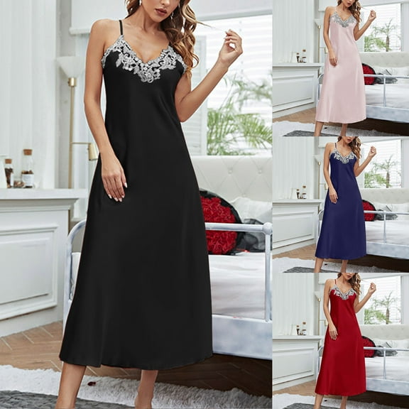 Aboser Womens Sleeveless Lingerie Nightgowns V-Neck Lace Sleep Dress Soft Silk Satin Babydoll Chemise Loungewear Loose Fit Full Slips Under Dresses